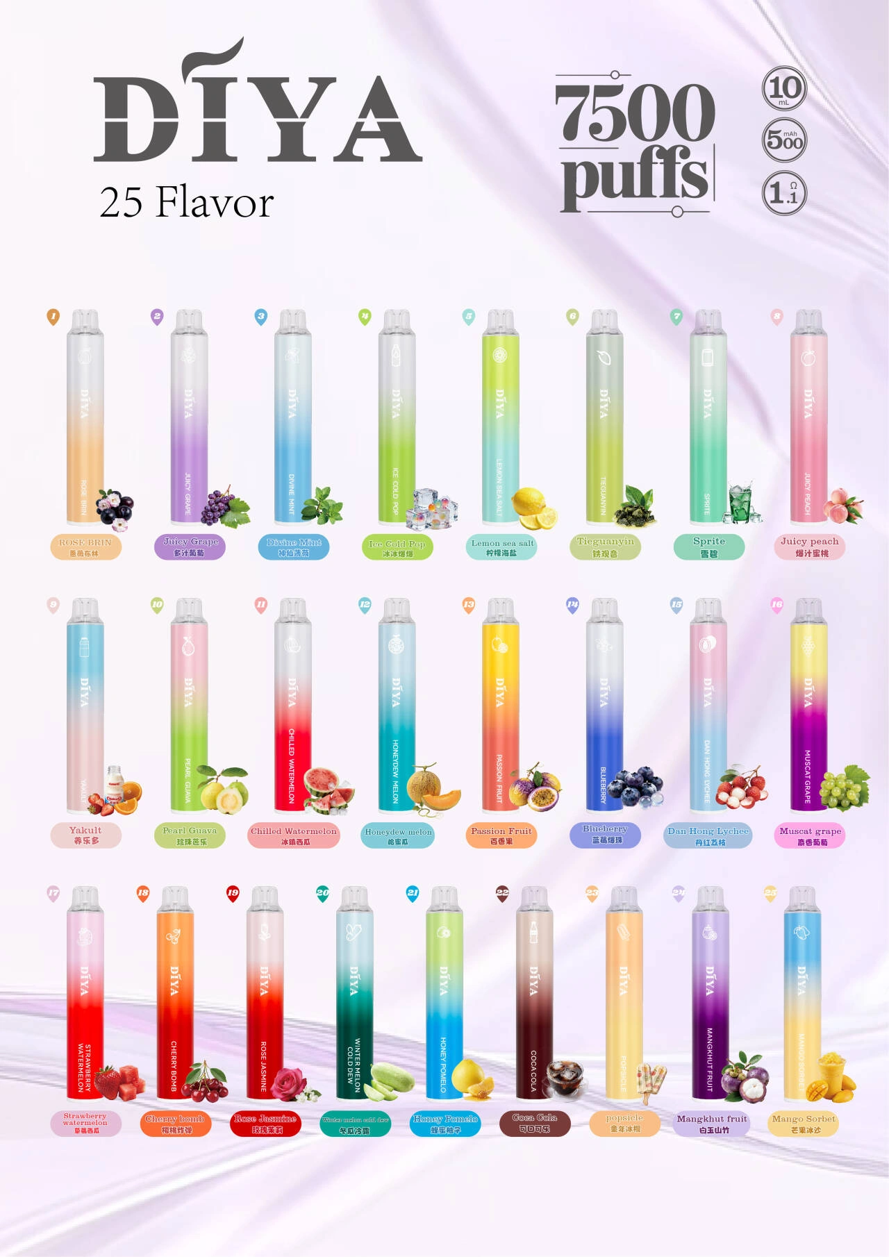 【25種口味】DIYA 7500 Puffs拋棄式電子煙 13ml大容量 7500超長續航 可充電