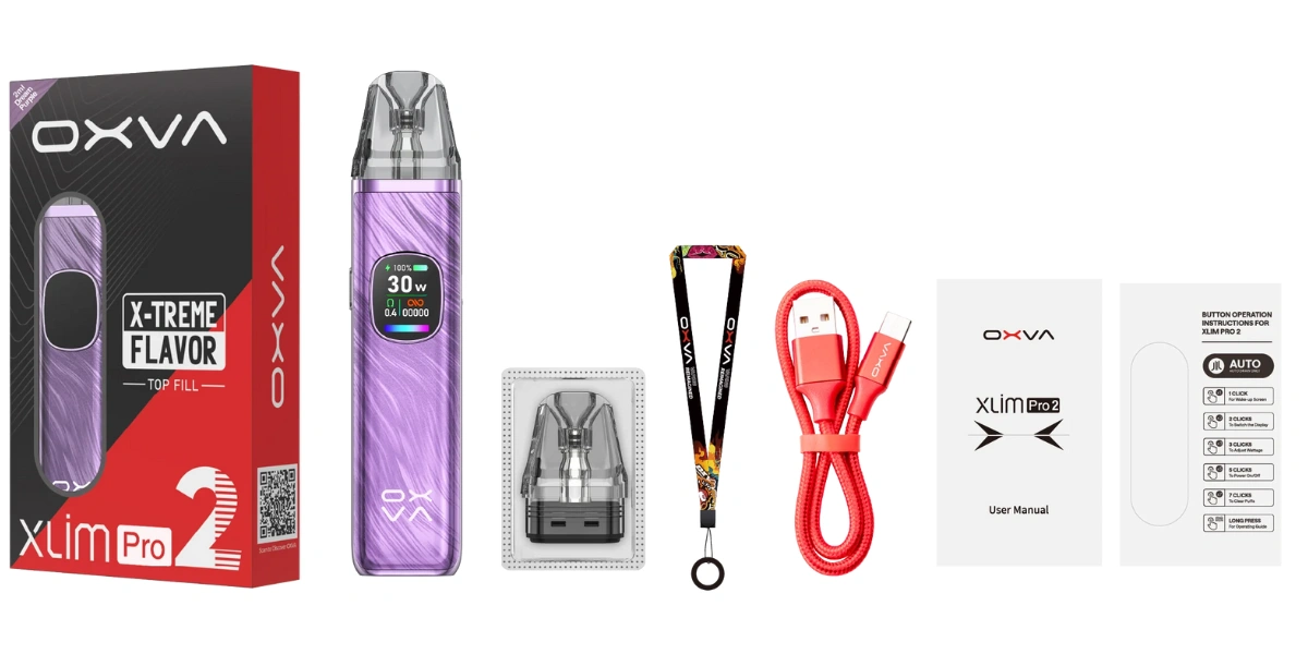 OXVA XLIM PRO 2小蠻牛PRO二代主機套裝內容_1×電子煙主機 、1×0.6Ω煙彈、1×0.8Ω煙彈、1×Type-C、1×便攜掛繩、1×使用手冊、1×按鍵操作說明